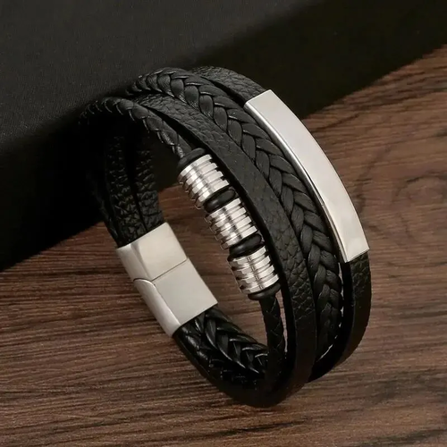 Multi Layers PU Leather Mens Magnut Closure Bracelet Waved Leather - Image 2