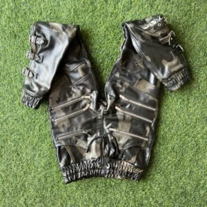 Men's Black Leather Moto Pants with Camo Panels – view 1