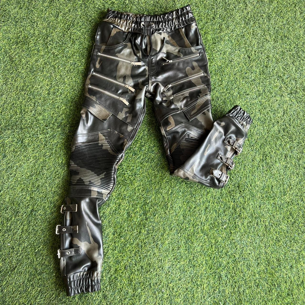 Men's Black Leather Moto Pants with Camo Panels – view 2