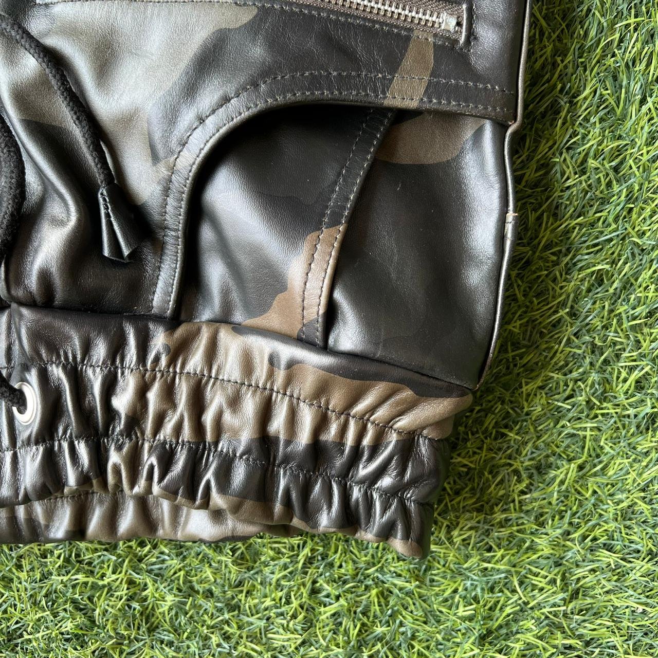 Men's Black Leather Moto Pants with Camo Panels – view 3
