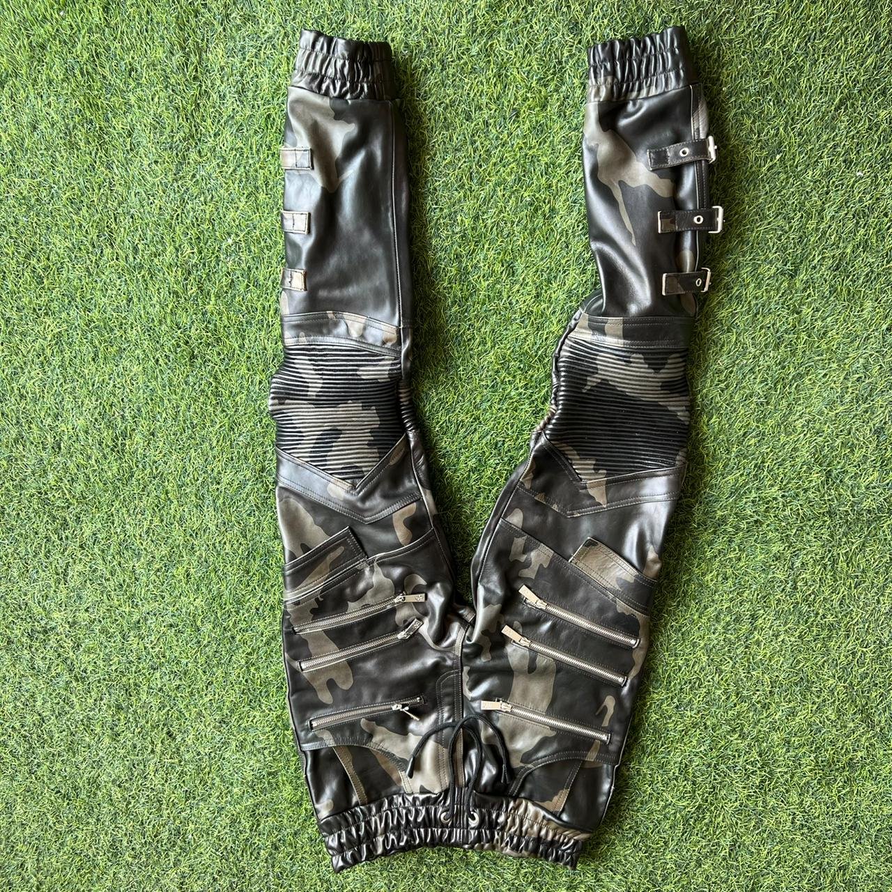 Men's Black Leather Moto Pants with Camo Panels – view 5