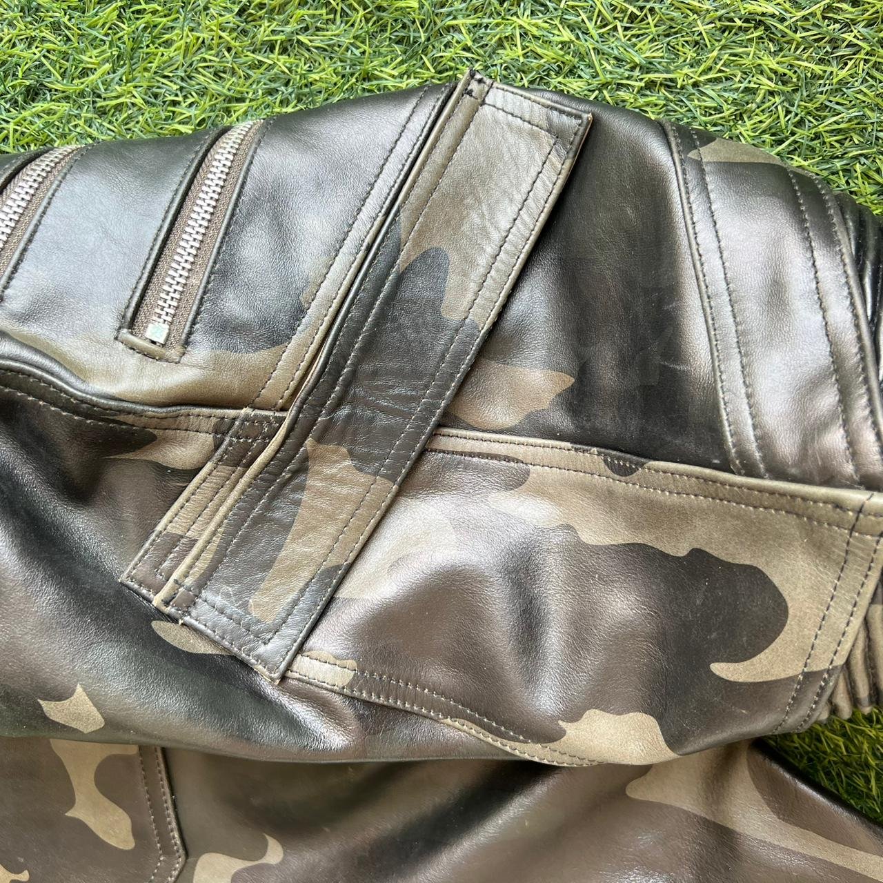 Men's Black Leather Moto Pants with Camo Panels – view 7
