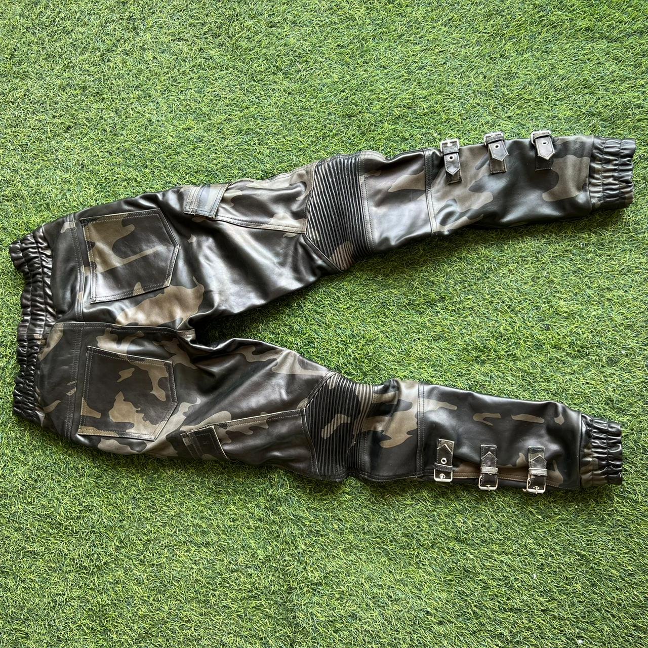 Men's Black Leather Moto Pants with Camo Panels – view 8