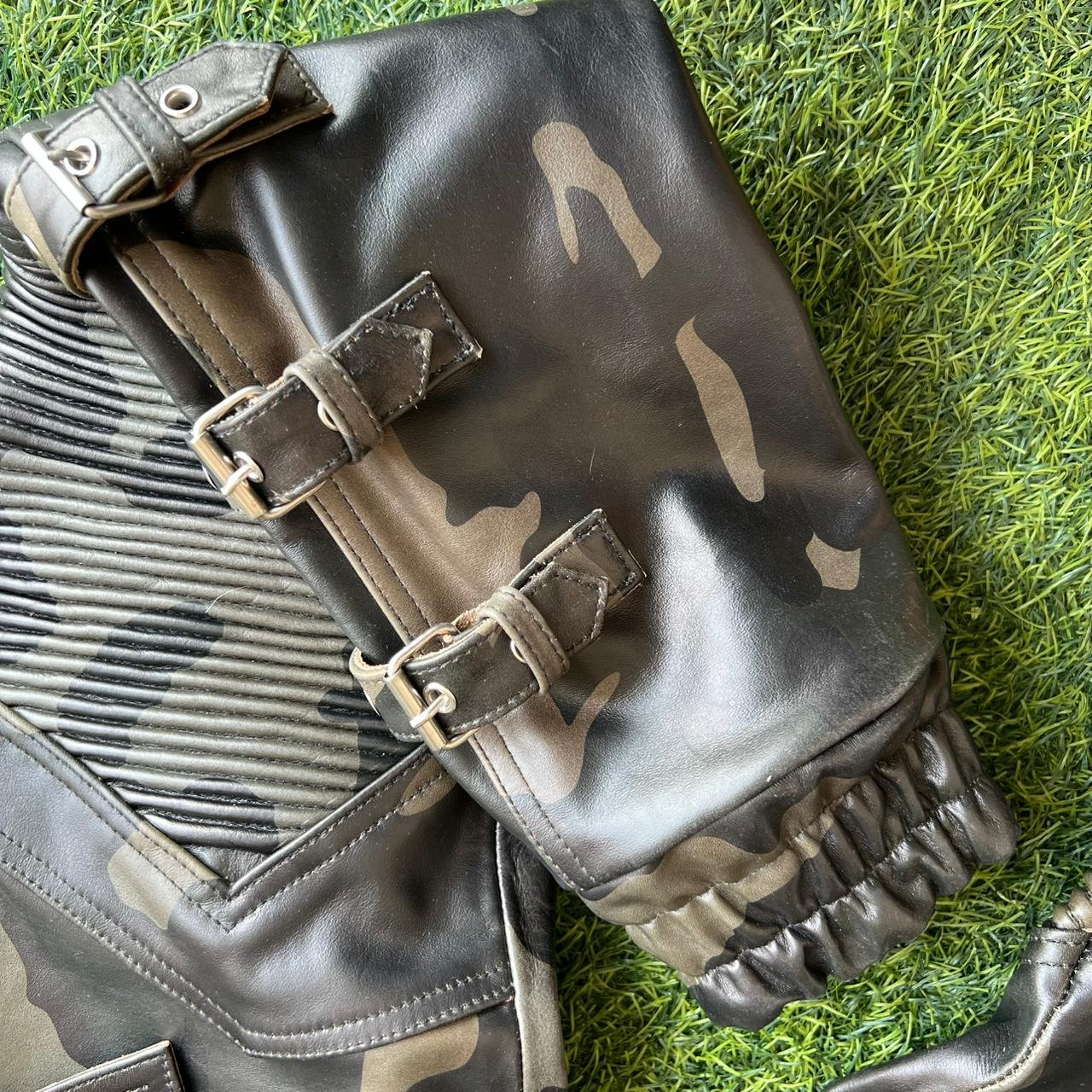 Men's Black Leather Moto Pants with Camo Panels – view 9