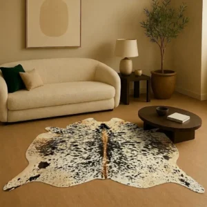 Natural Speckled Tan Brown & White Cowhide Rug – Handmade Hair-On Cow Skin Area Rug – Style 099