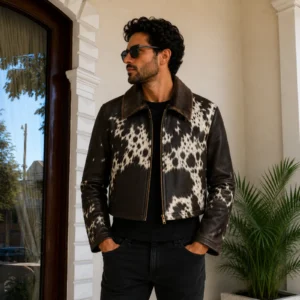 Men's Black & Brown Hair-On Cowhide Biker Jacket – view 1