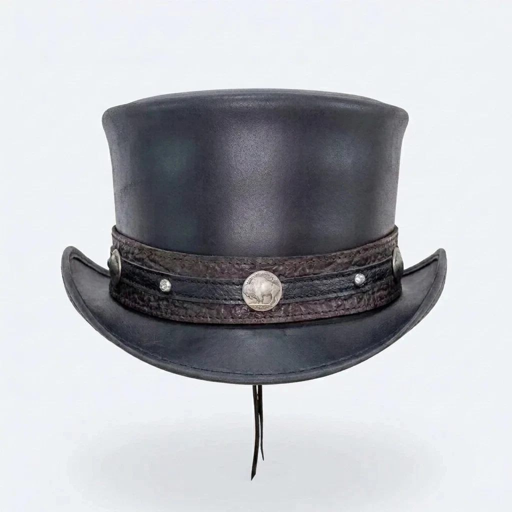 Black Leather Steampunk Top Hat with Concho Band - view 1