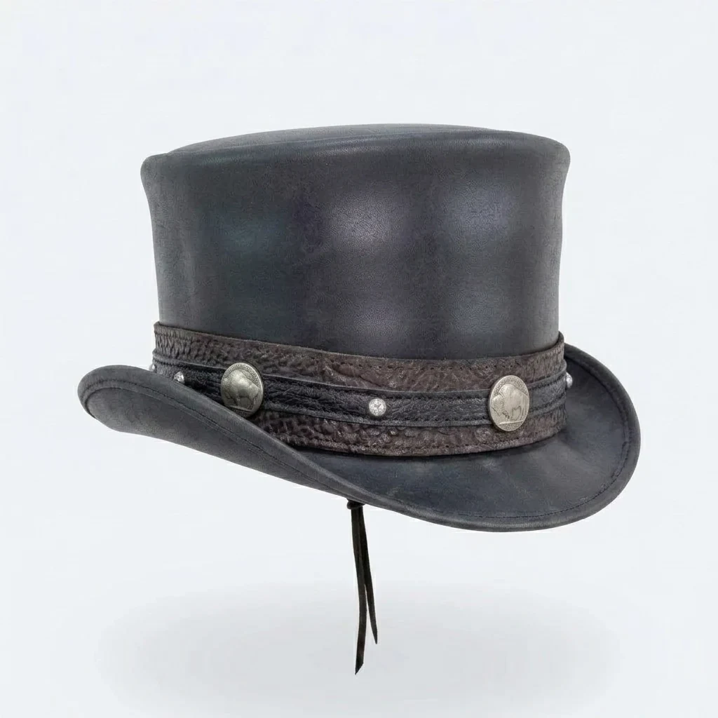 Black Leather Steampunk Top Hat with Concho Band - view 2