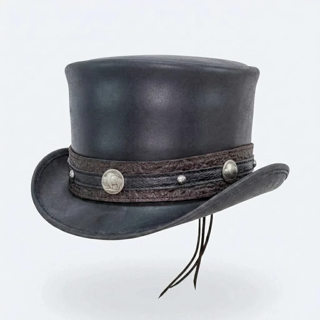 Black Leather Steampunk Top Hat with Concho Band - view 3