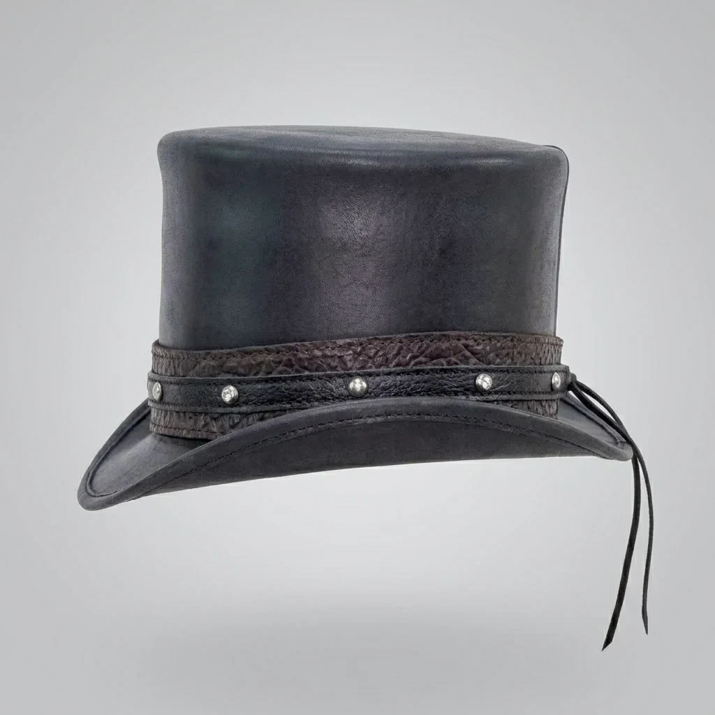 Black Leather Steampunk Top Hat with Concho Band - view 4