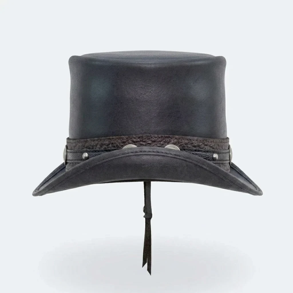 Black Leather Steampunk Top Hat with Concho Band - view 5