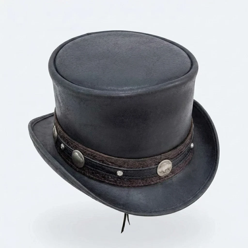 Black Leather Steampunk Top Hat with Concho Band - view 7