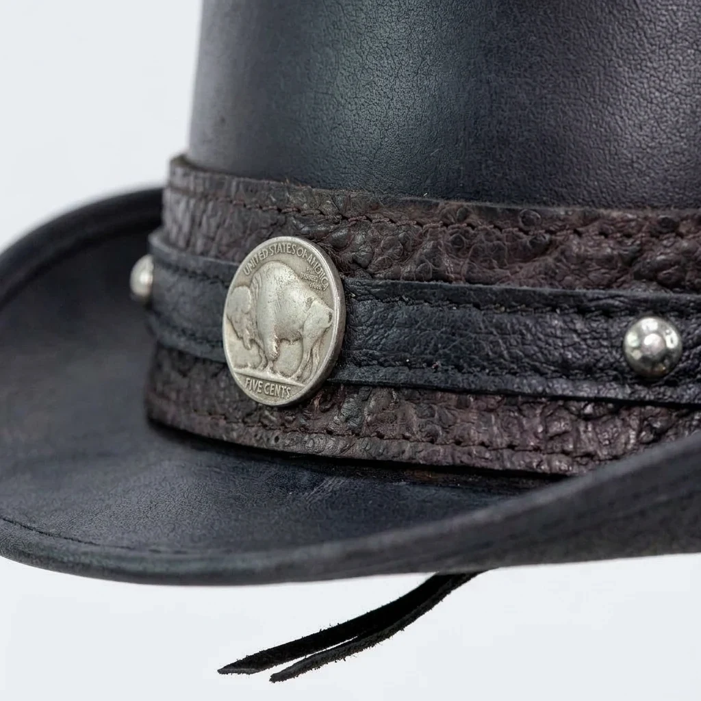 Black Leather Steampunk Top Hat with Concho Band - view 8