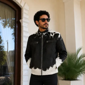 Men's Black Hair-On Cowhide Biker Jacket with White Panels – view 1