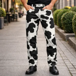 Men's Black & White Cowhide Straight-Leg Pants – view 1