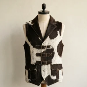 Men's Black & White Hair-On Cowhide Western Vest with Buckle Front – view 1