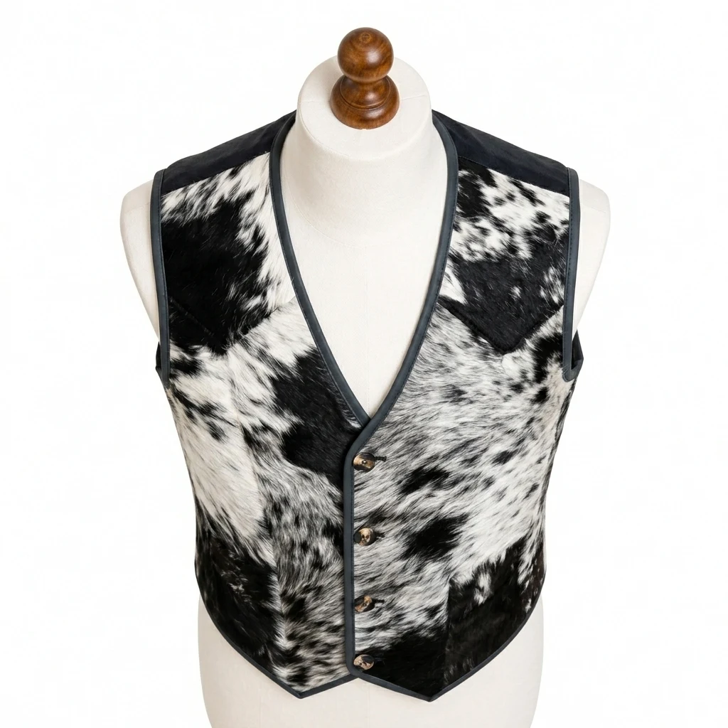 Men's Black & White Hair-On Cowhide Western Button Vest – view 3