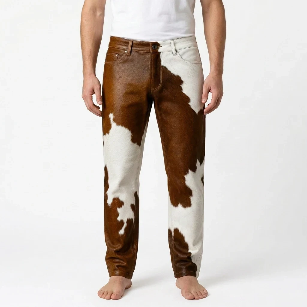 Men's Brown & White Cowhide Leather Straight-Leg Pants – view 1