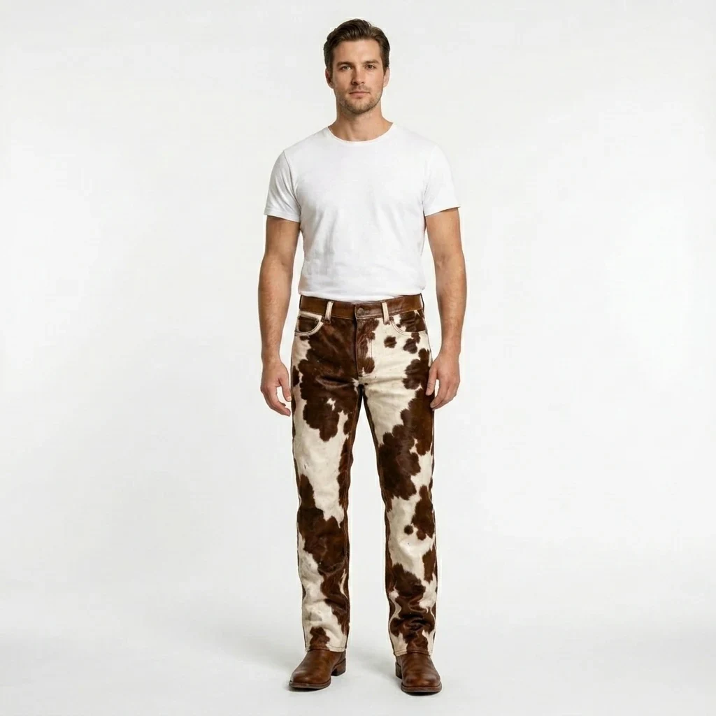 Men's Brown & White Hair-On Cowhide Ranch Pants – view 1