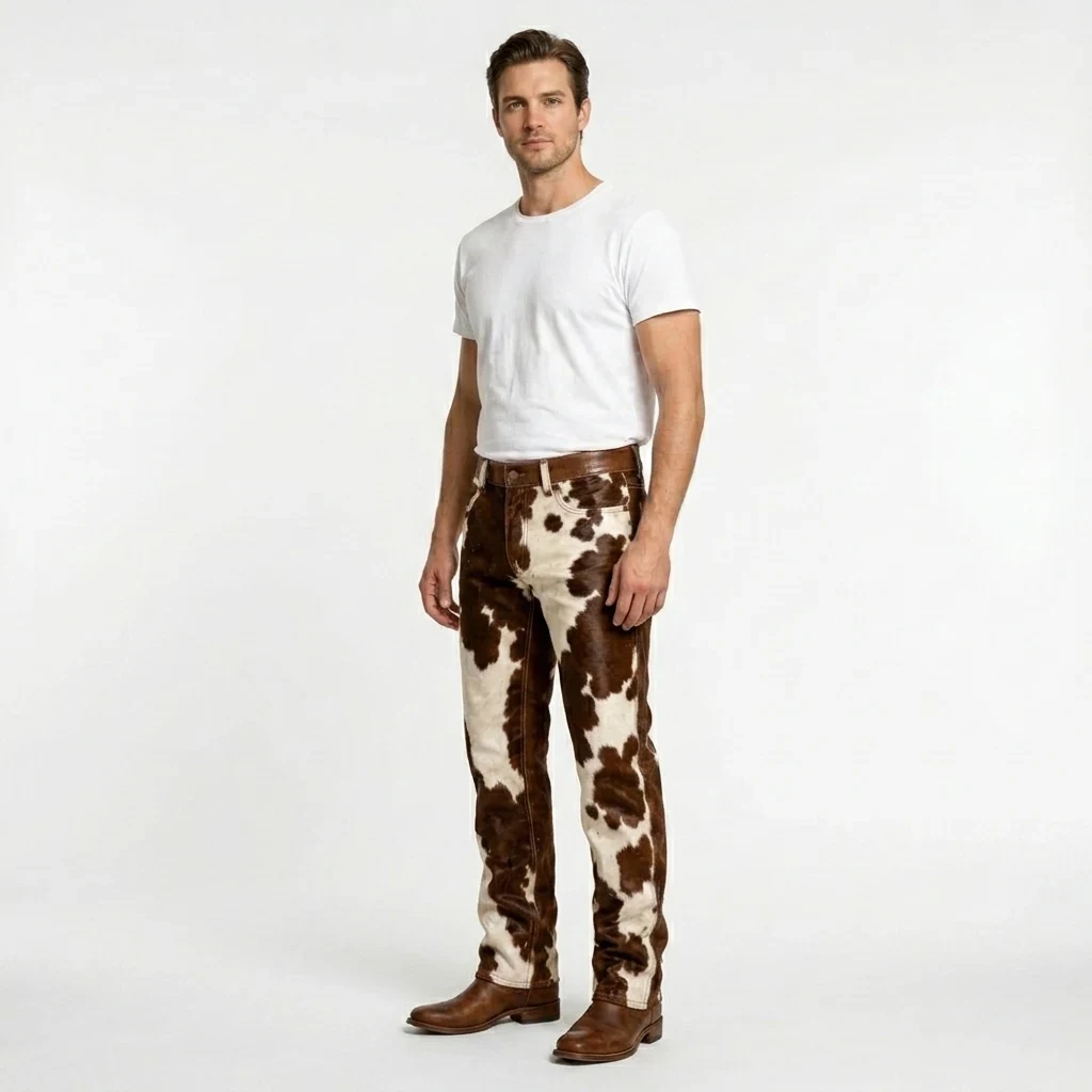 Men's Brown & White Hair-On Cowhide Ranch Pants – view 3