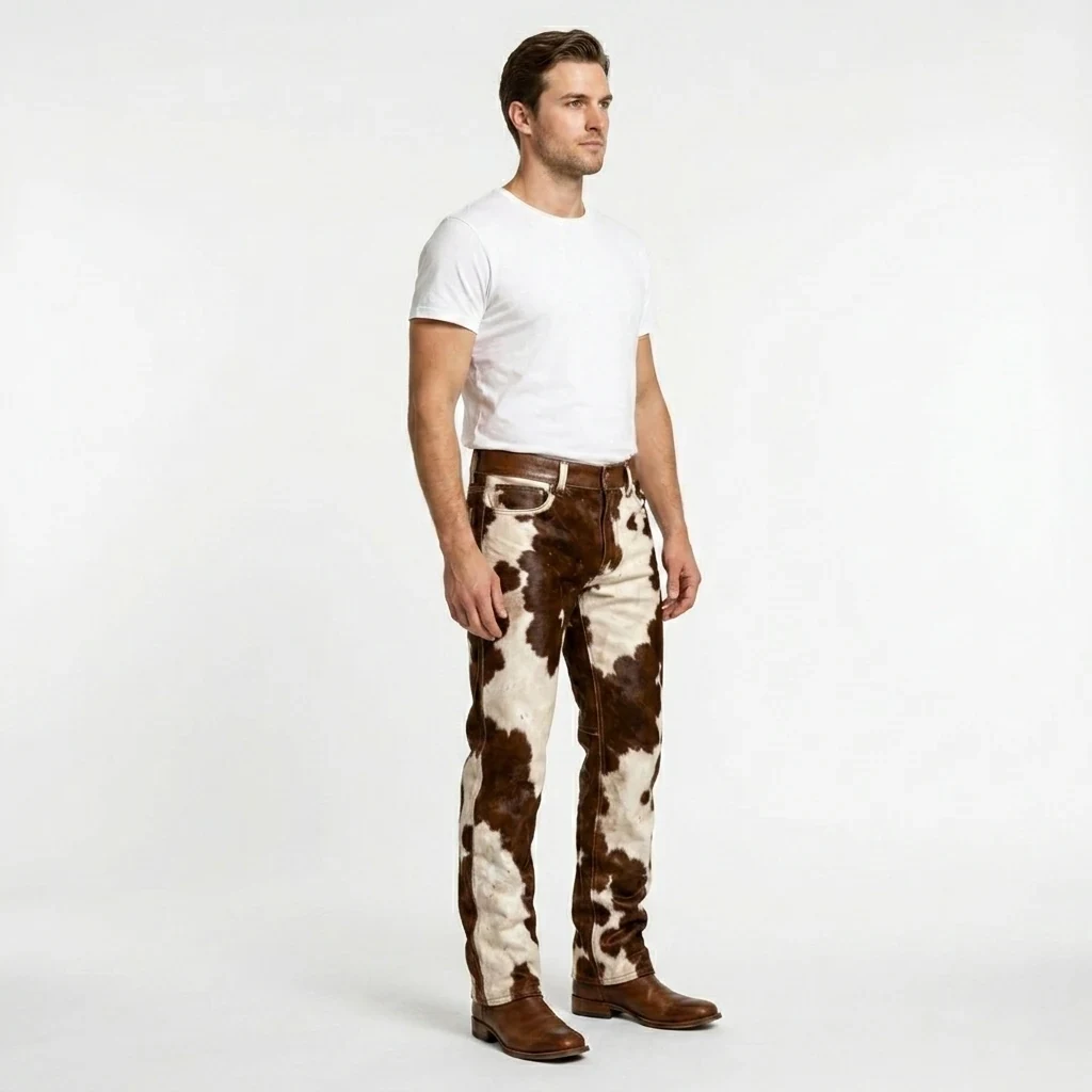 Men's Brown & White Hair-On Cowhide Ranch Pants – view 4