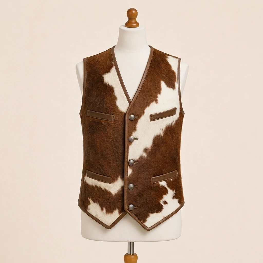 Men's Brown & White Hair-On Cowhide Biker Vest – view 1