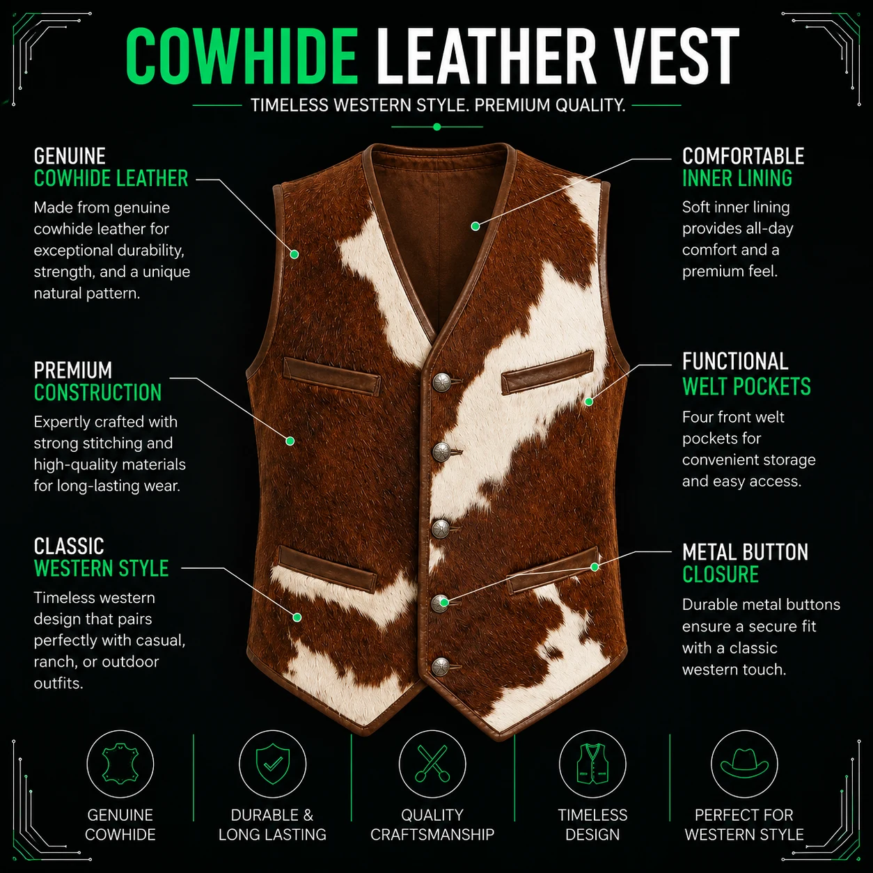 Men's Brown & White Hair-On Cowhide Biker Vest – view 8