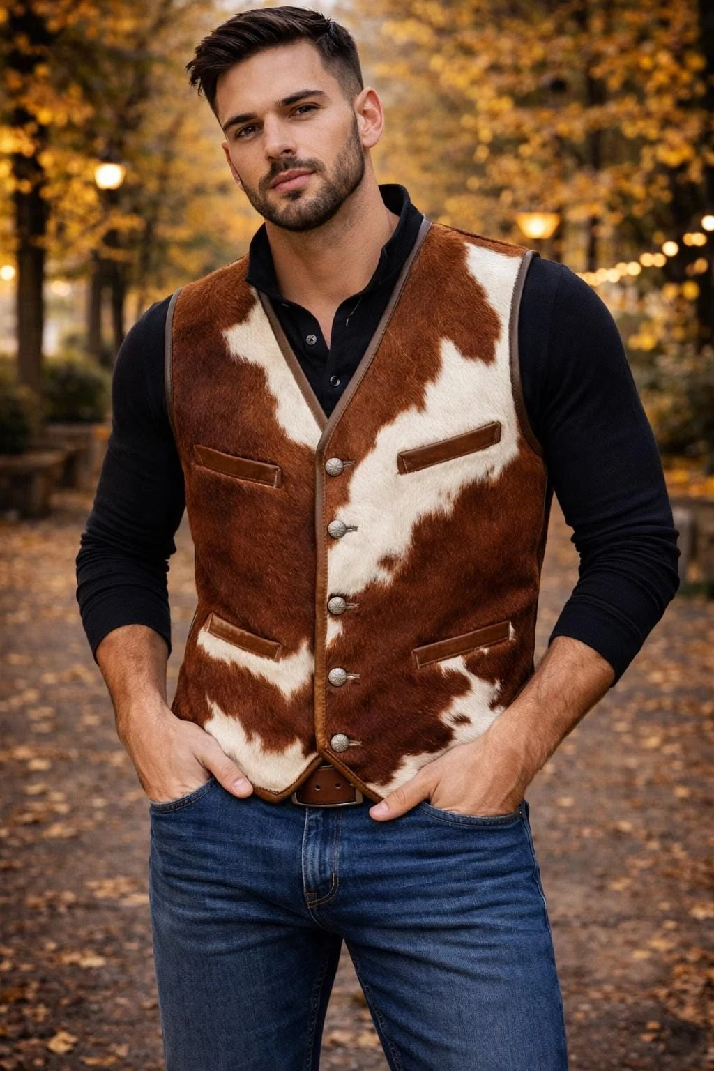Men's Brown & White Hair-On Cowhide Biker Vest – view 2