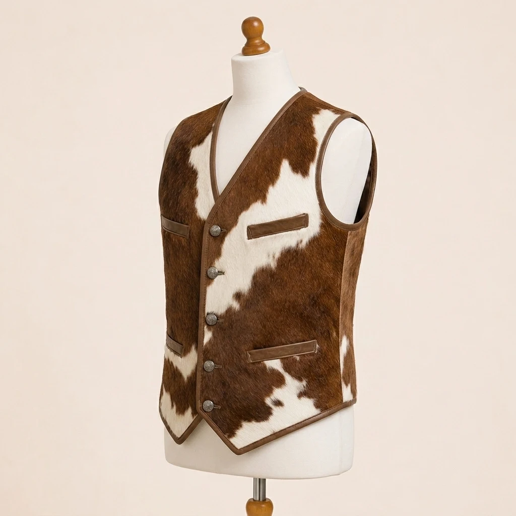 Men's Brown & White Hair-On Cowhide Biker Vest – view 3