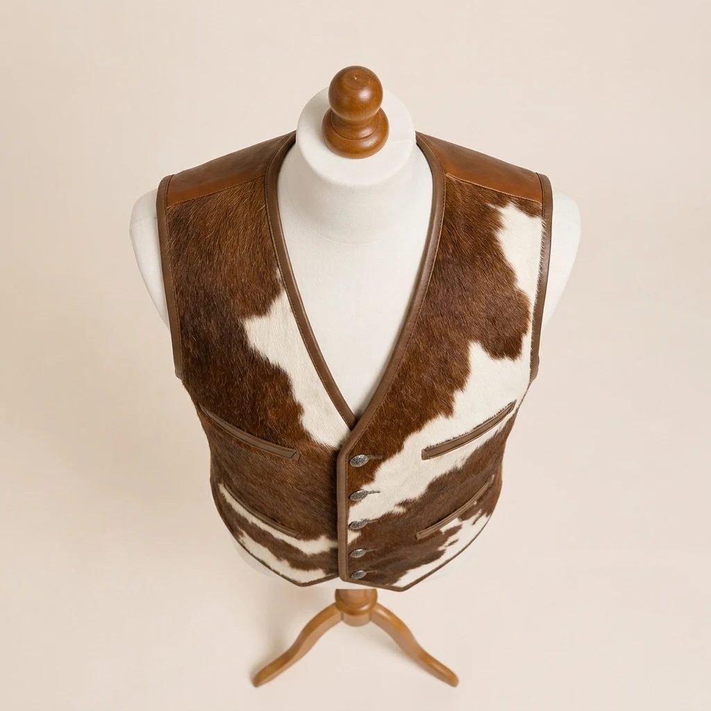 Men's Brown & White Hair-On Cowhide Biker Vest – view 4