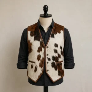 Men's Brown & White Hair-On Cowhide Western Vest with Pointed Hem – view 1