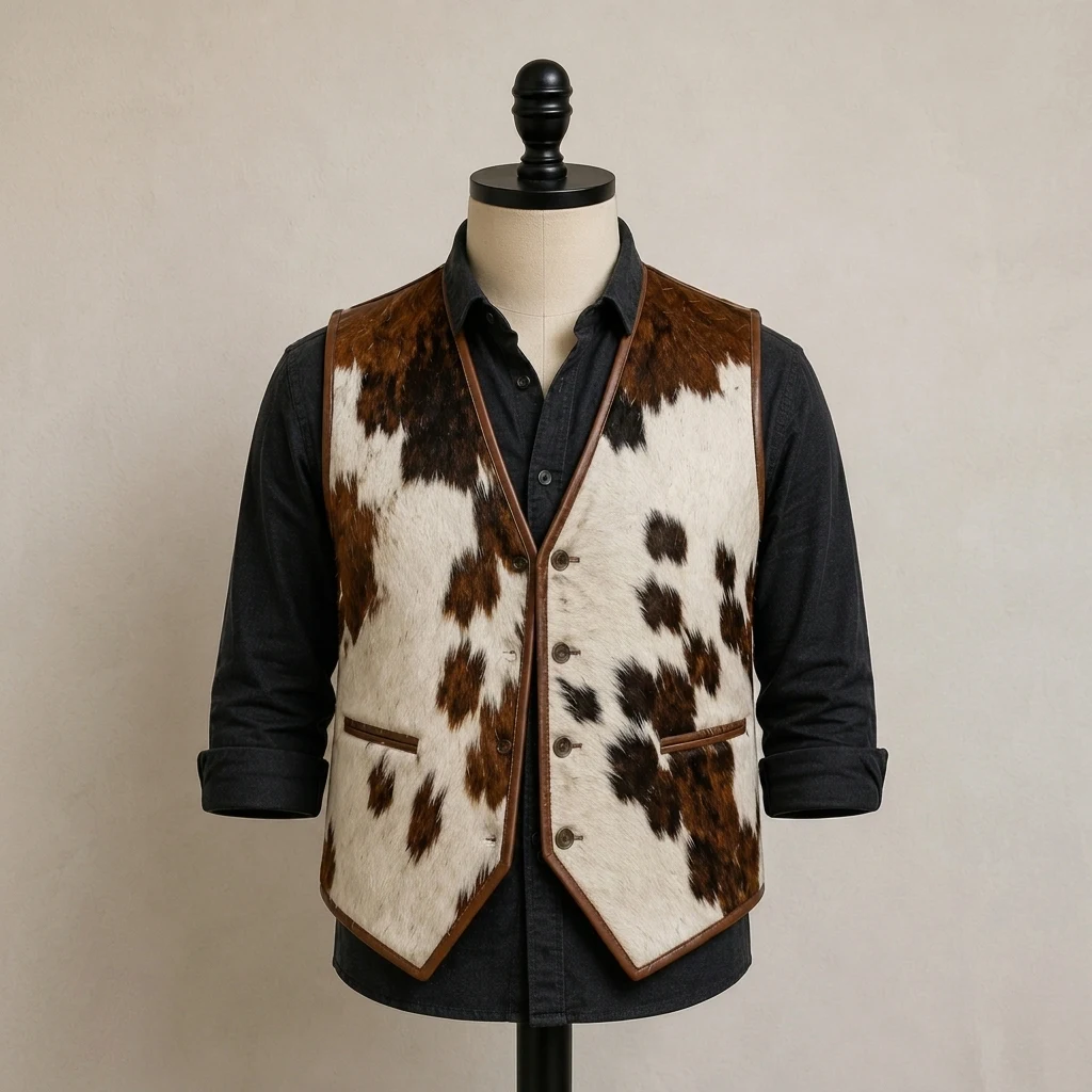 Men's Brown & White Hair-On Cowhide Western Vest with Pointed Hem – view 1