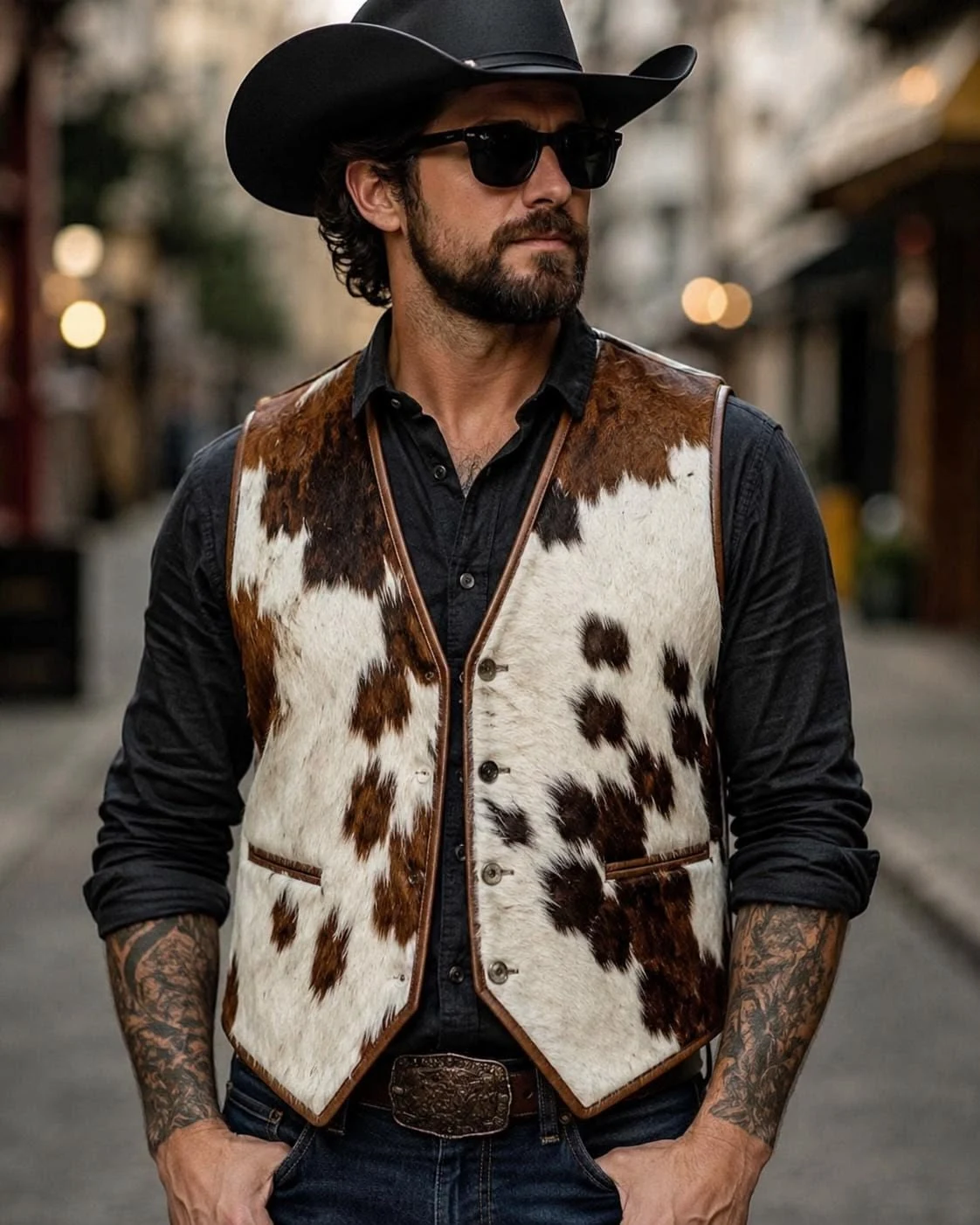 Men's Brown & White Hair-On Cowhide Western Vest with Pointed Hem – view 2