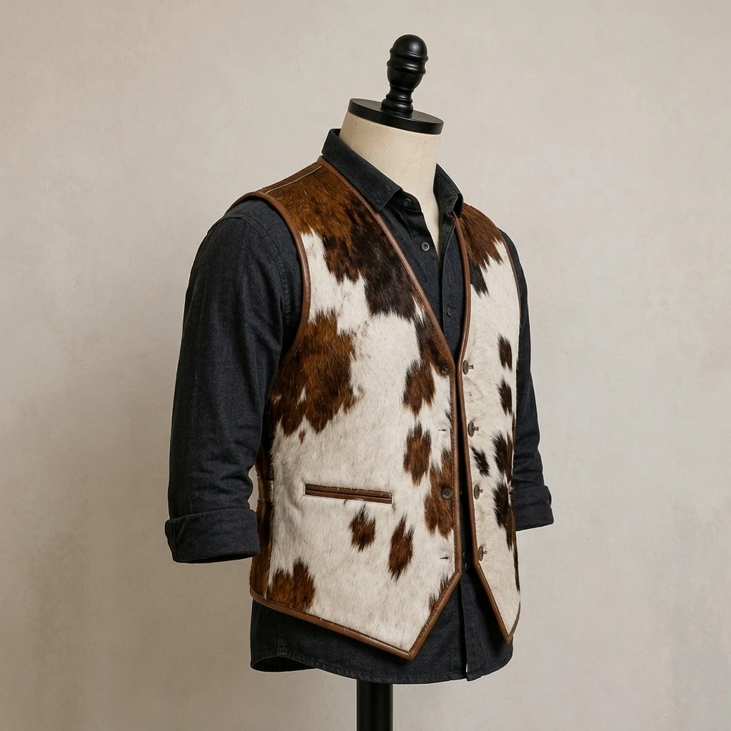 Men's Brown & White Hair-On Cowhide Western Vest with Pointed Hem – view 3