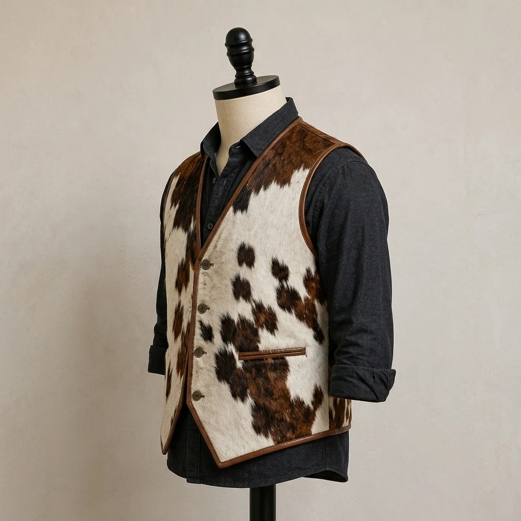 Men's Brown & White Hair-On Cowhide Western Vest with Pointed Hem – view 4