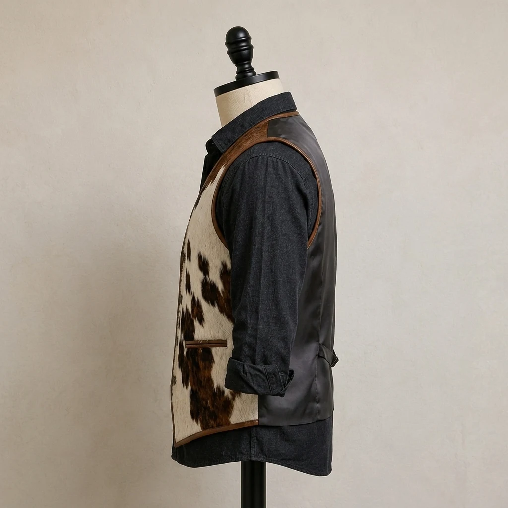 Men's Brown & White Hair-On Cowhide Western Vest with Pointed Hem – view 5