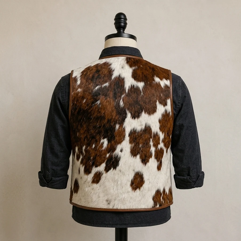 Men's Brown & White Hair-On Cowhide Western Vest with Pointed Hem – view 6