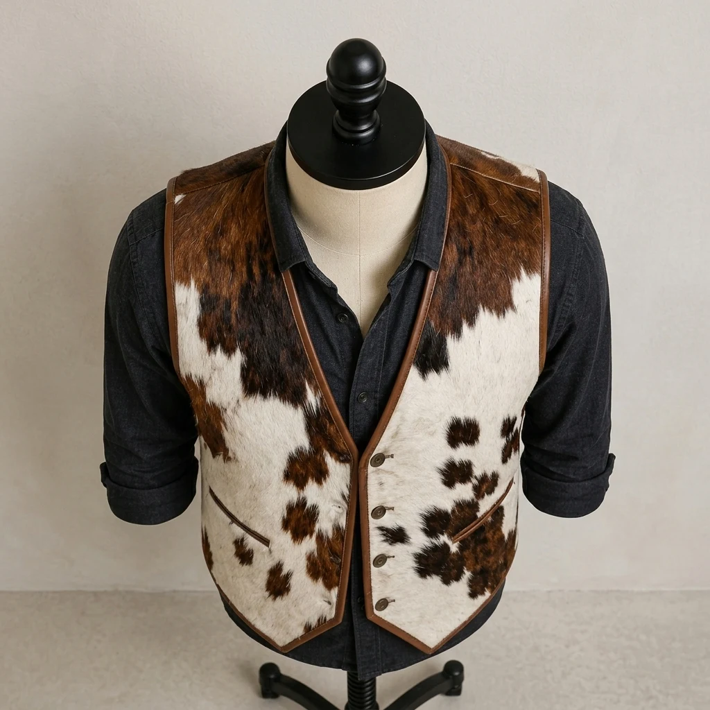 Men's Brown & White Hair-On Cowhide Western Vest with Pointed Hem – view 7