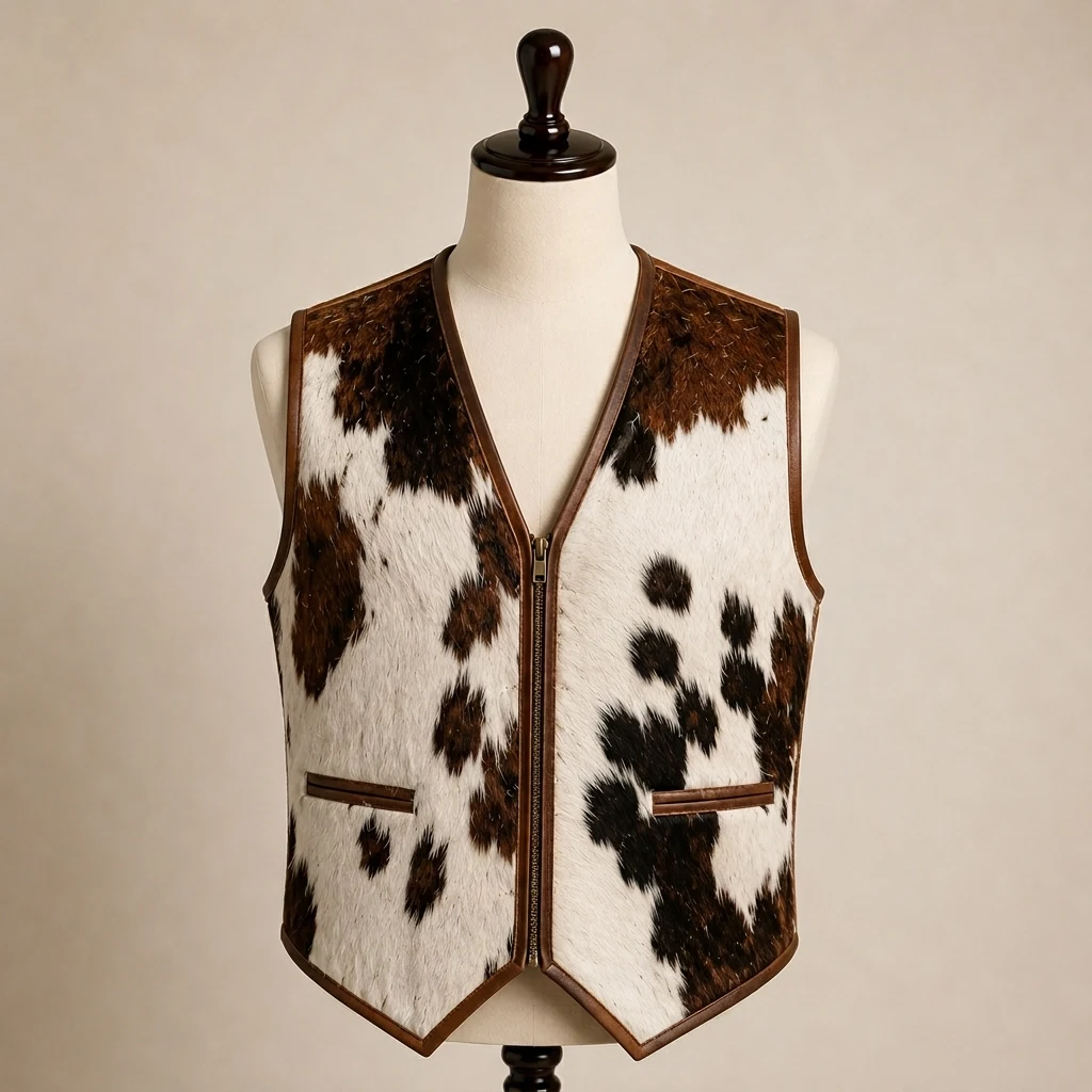 Men's Brown & White Hair-On Cowhide Cowboy Vest – view 1