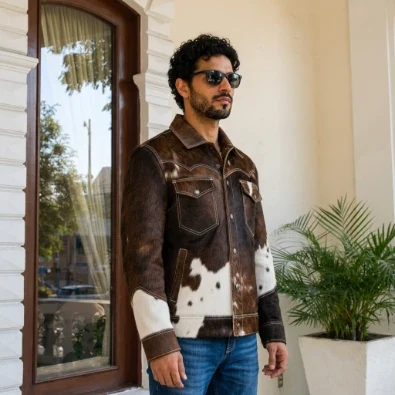 Men's Brown Cowhide Patchwork Western Leather Jacket – view 1
