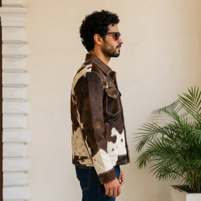 Men's Brown Cowhide Patchwork Western Leather Jacket – view 3