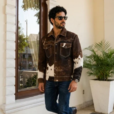 Men's Brown Cowhide Patchwork Western Leather Jacket – view 2